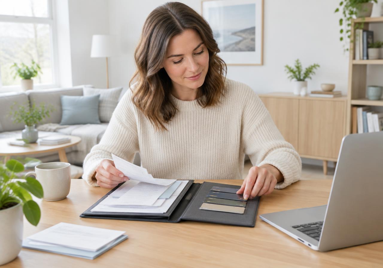 Person som samler regninger og kredittkort i én mappe for å refinansiere gjeld