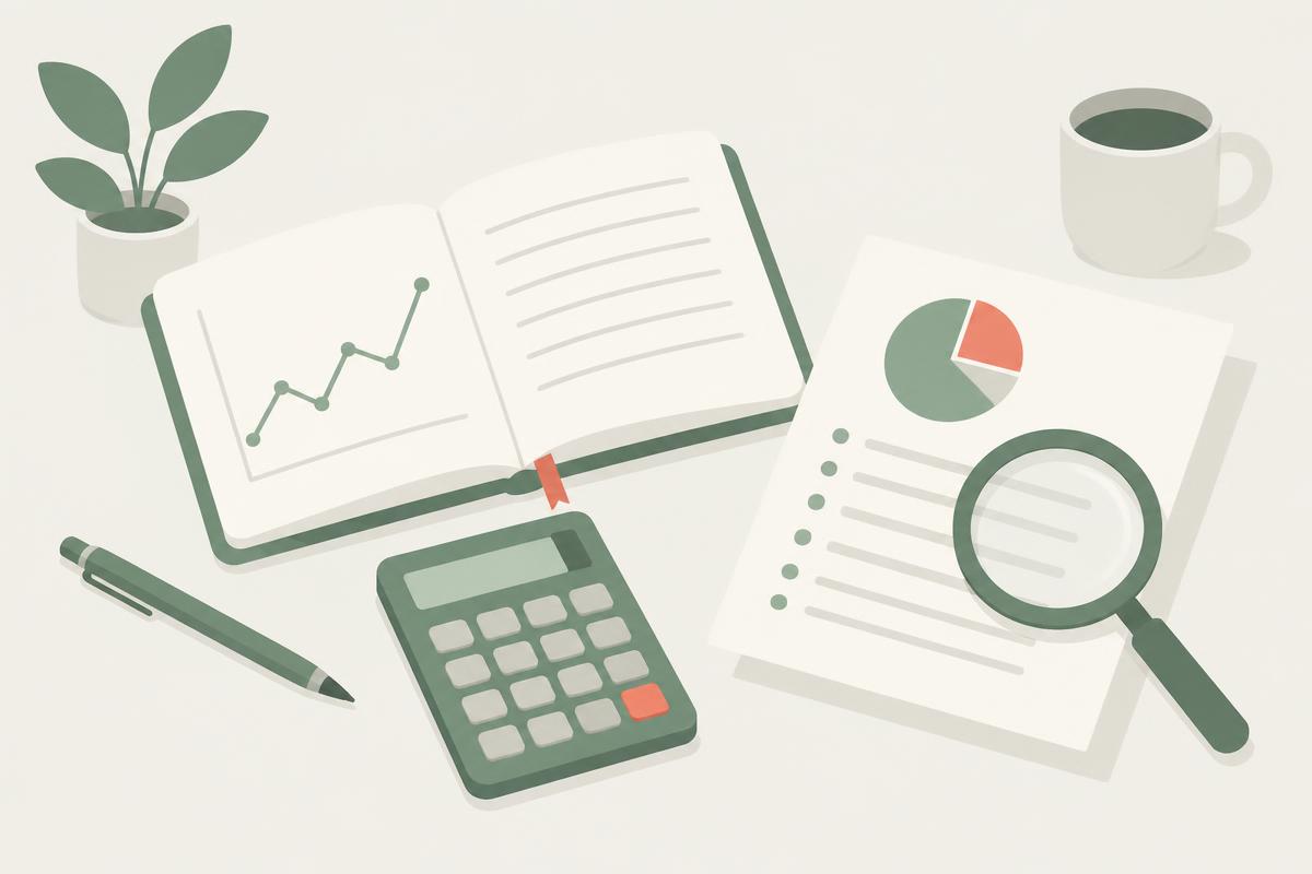 Illustrasjon av notatbok, kalkulator og dokument med oversikt over økonomi